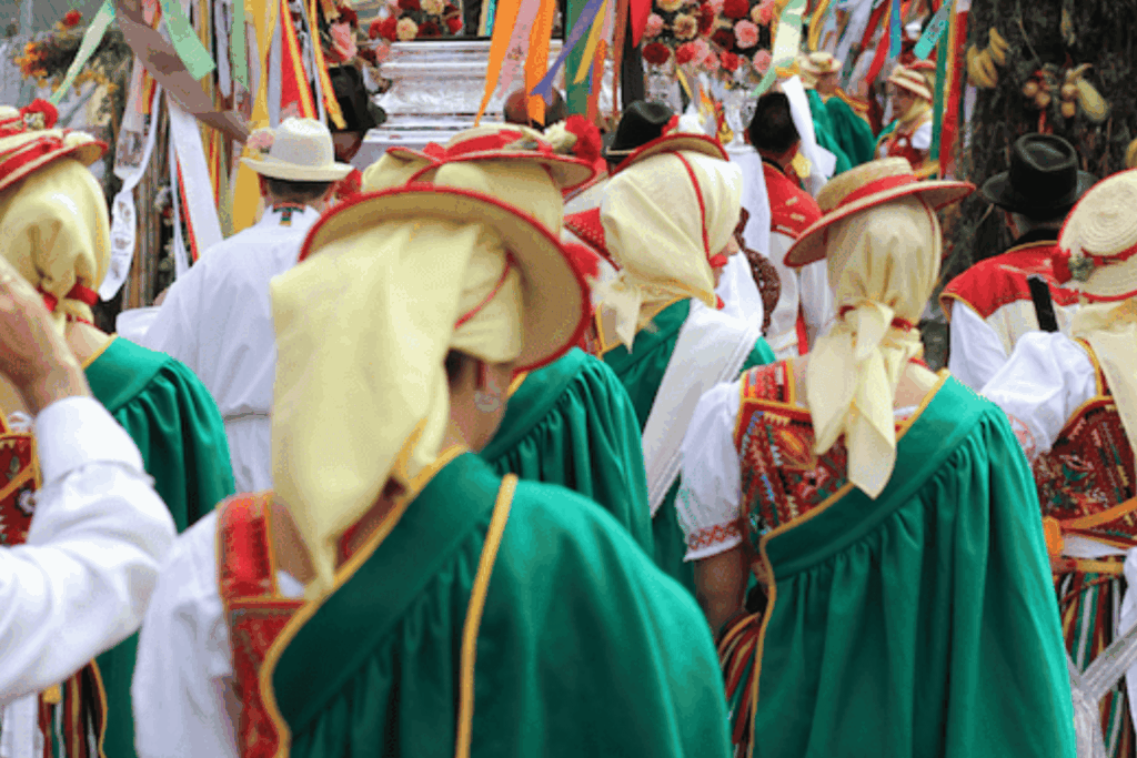 Grupo de personas con vestimenta canaria típica y tradicional en una romería, con mantos verdes, sombreros y detalles bordados mientras avanzan en una celebración popular llena de color.